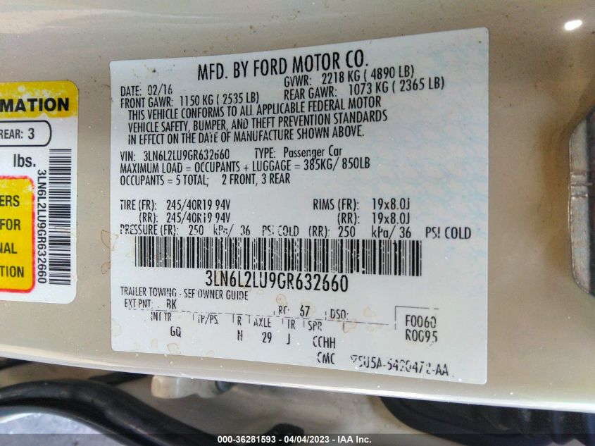 2016 LINCOLN MKZ HYBRID - 3LN6L2LU9GR632660