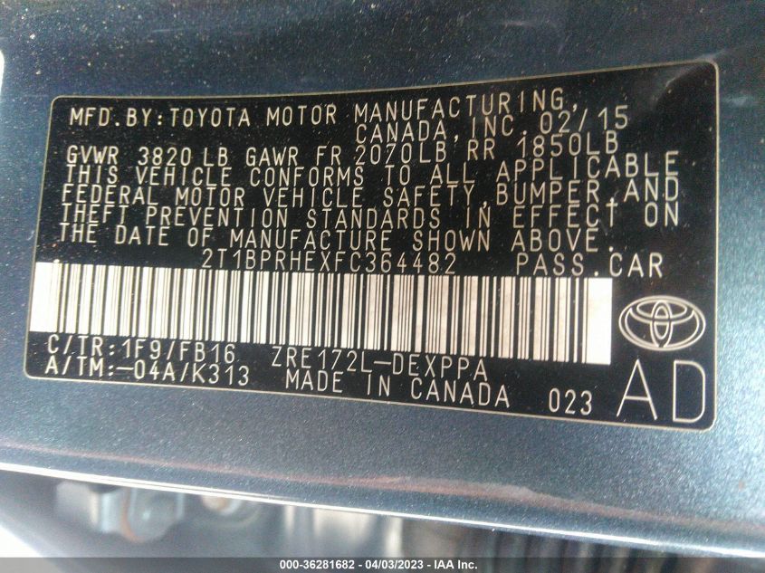 2015 TOYOTA COROLLA LE ECO - 2T1BPRHEXFC364482