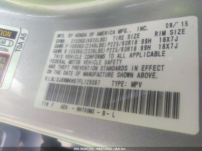 2015 HONDA CR-V TOURING - 5J6RM4H97FL129067