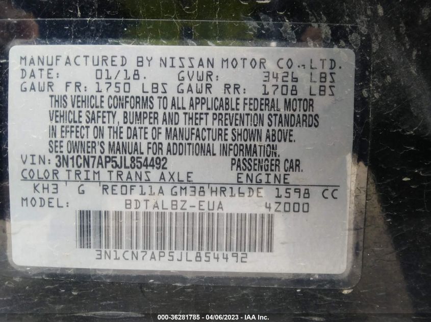 2018 NISSAN VERSA SEDAN SV - 3N1CN7AP5JL854492