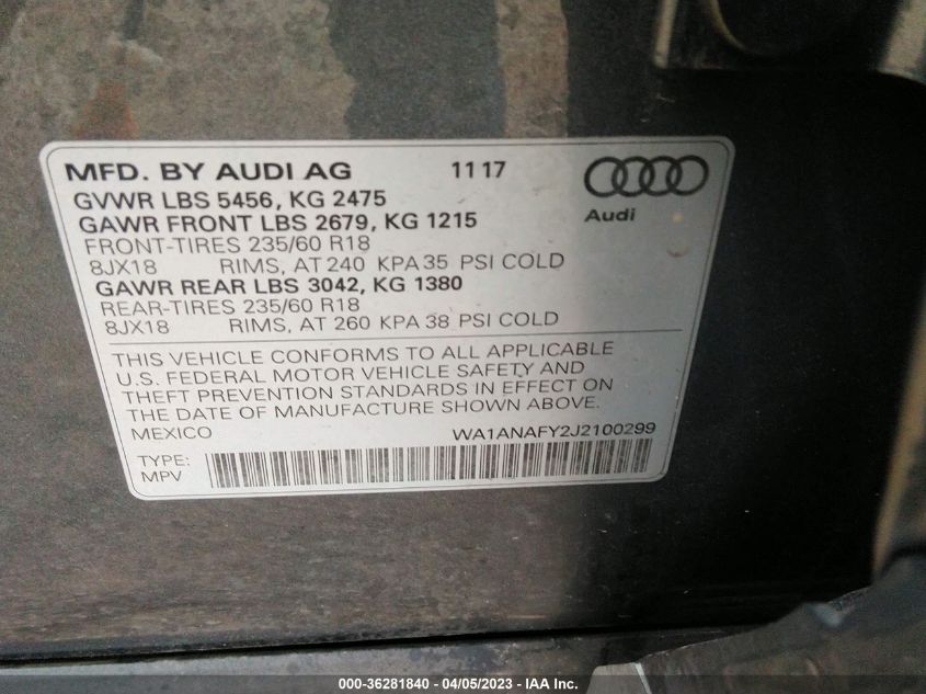 2018 AUDI Q5 PREMIUM/TECH PREMIUM - WA1ANAFY2J2100299