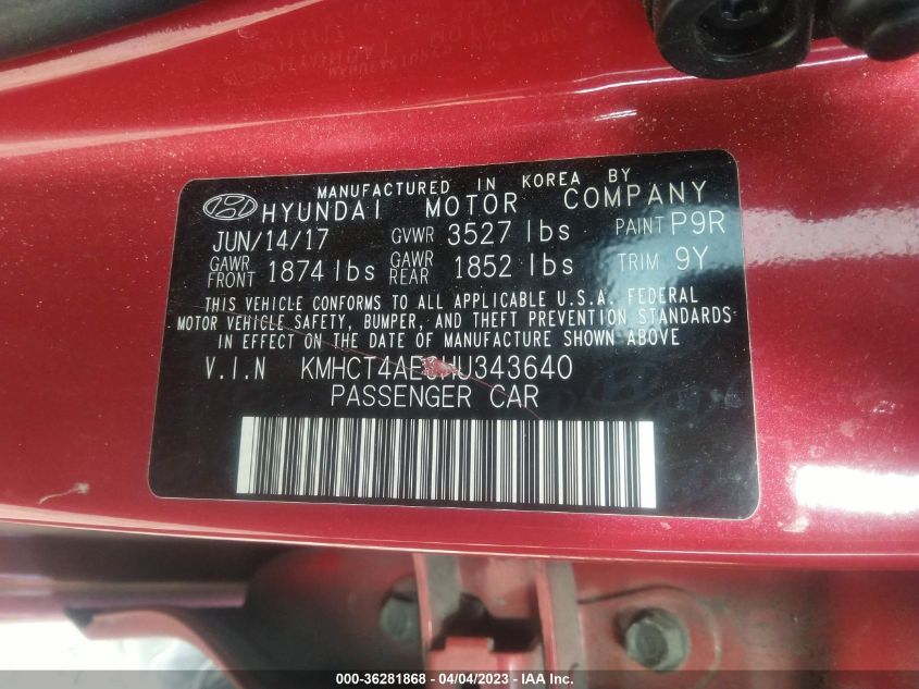 2017 HYUNDAI ACCENT VALUE EDITION - KMHCT4AE9HU343640