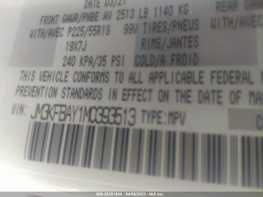 VIN JM3KFBAY1M0393513 2021 MAZDA CX-5 GRAND TOURING RESERVE