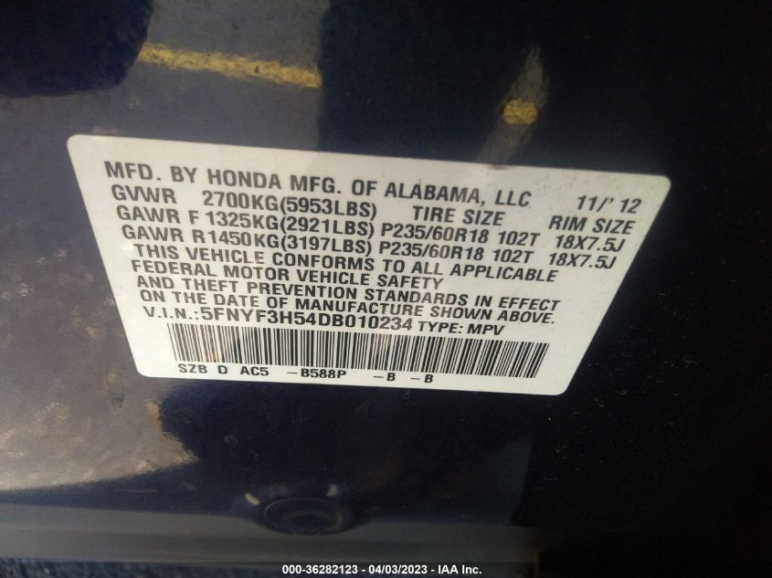 2013 HONDA PILOT EX-L - 5FNYF3H54DB010234