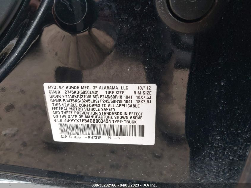 2013 HONDA RIDGELINE RTL - 5FPYK1F54DB003424