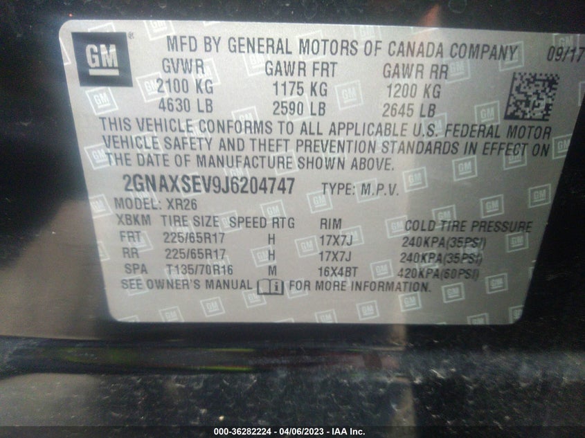 VIN 2GNAXSEV9J6204747 2018 CHEVROLET EQUINOX LT