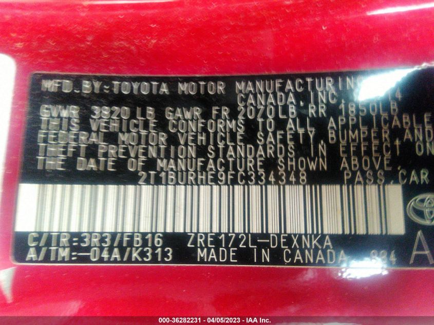 2015 TOYOTA COROLLA LE - 2T1BURHE9FC334348