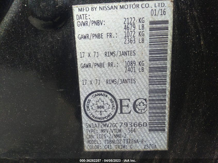 2016 NISSAN ROGUE SV/SL/S - 5N1AT2MV2GC793660