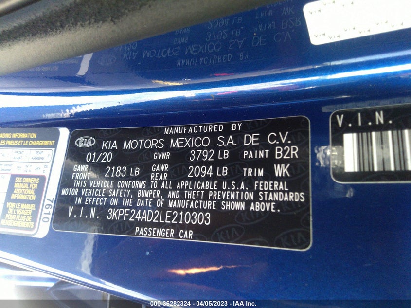 VIN 3KPF24AD2LE210303 2020 KIA FORTE LXS