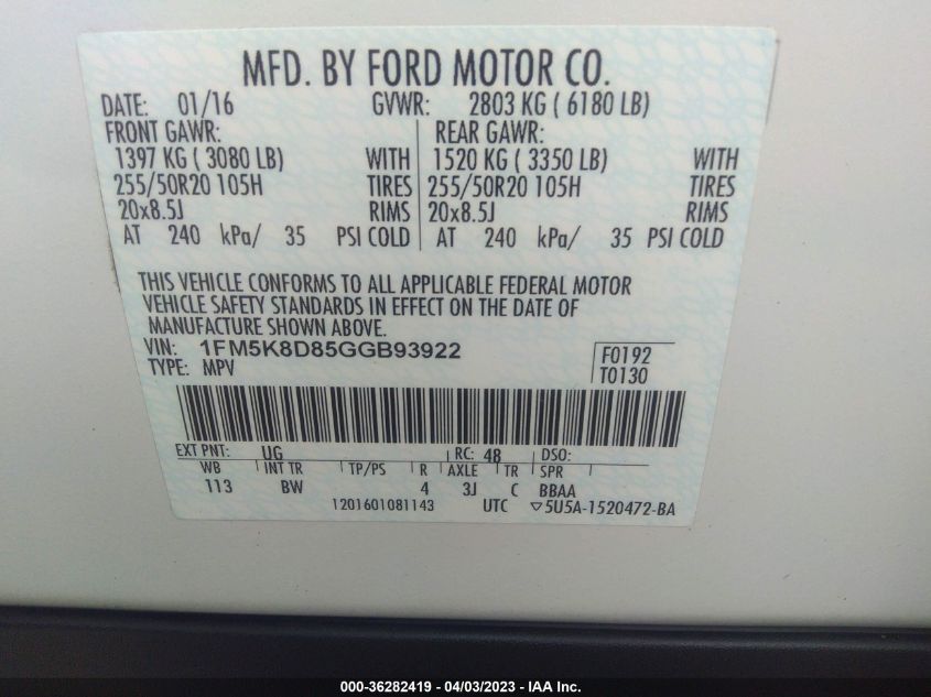 2016 FORD EXPLORER XLT - 1FM5K8D85GGB93922