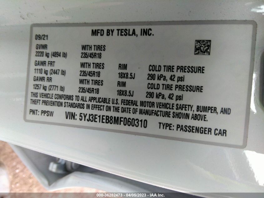 2021 TESLA MODEL 3 LONG RANGE - 5YJ3E1EB8MF060310