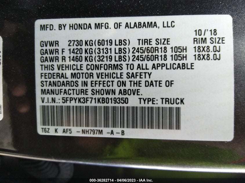 VIN 5FPYK3F71KB019350 2019 HONDA RIDGELINE RTL-E