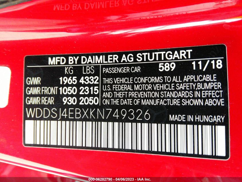2019 MERCEDES-BENZ CLA CLA 250 - WDDSJ4EBXKN749326