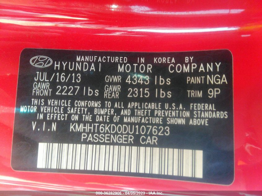 2013 HYUNDAI GENESIS COUPE 2.0T KMHHT6KD0DU107623