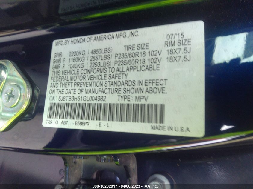 2016 ACURA RDX TECH/ACURAWATCH PLUS PKG - 5J8TB3H51GL004982