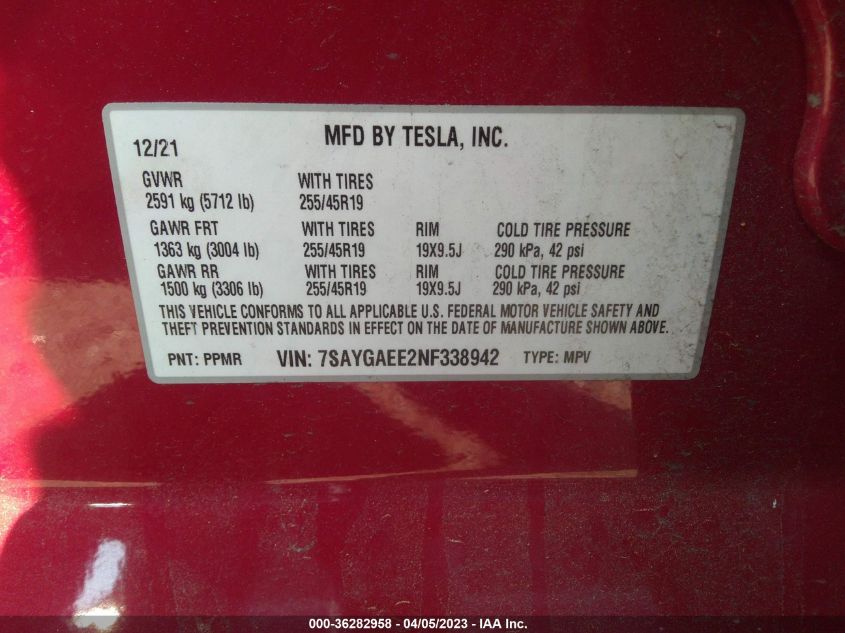 2022 TESLA MODEL Y LONG RANGE - 7SAYGAEE2NF338942