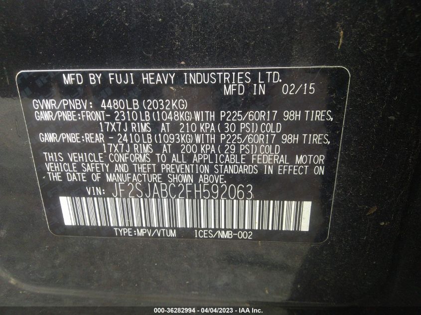 2015 SUBARU FORESTER 2.5I - JF2SJABC2FH592063