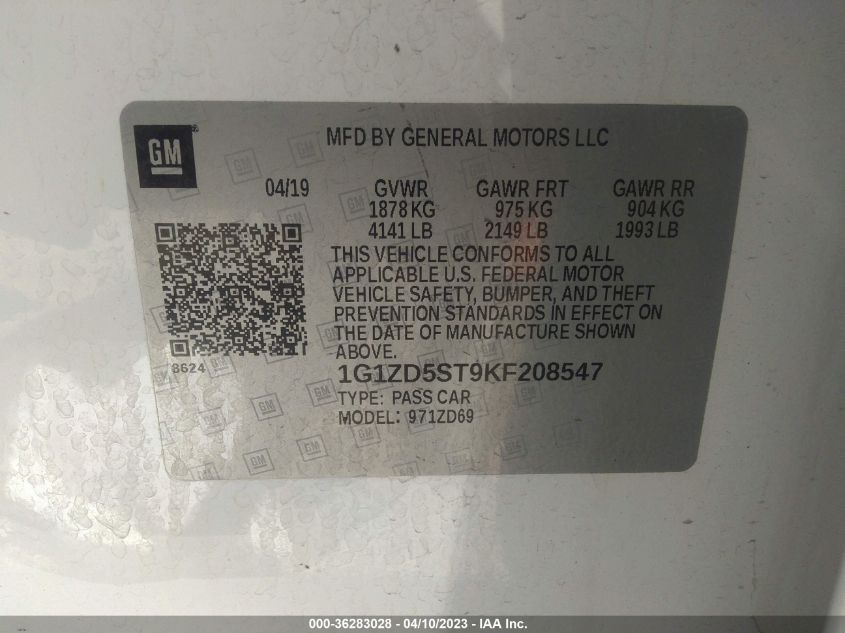 2019 CHEVROLET MALIBU LT - 1G1ZD5ST9KF208547