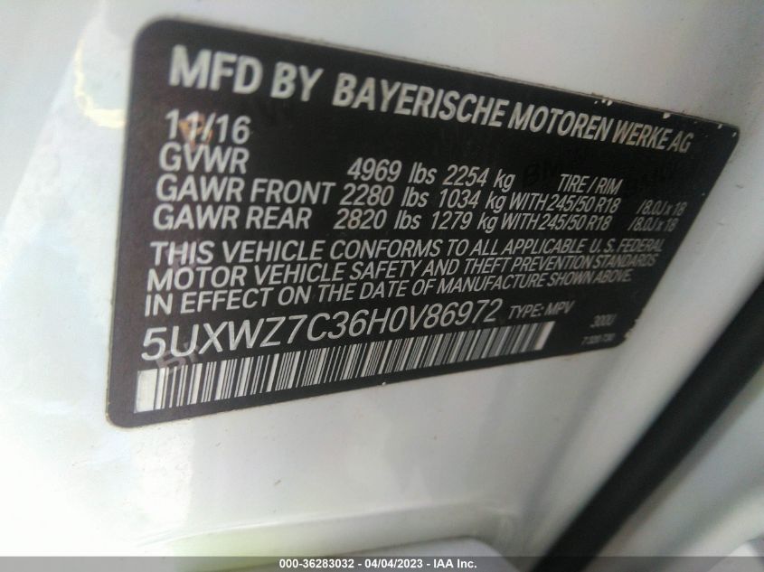 2017 BMW X3 SDRIVE28I - 5UXWZ7C36H0V86972