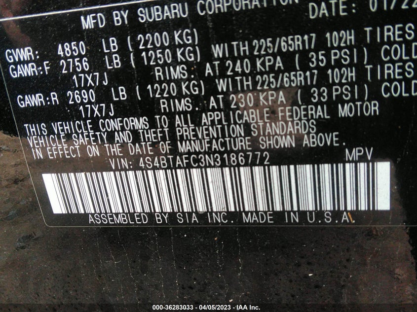 VIN 4S4BTAFC3N3186772 2022 SUBARU OUTBACK PREMIUM