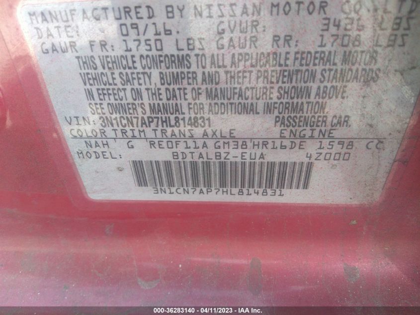 2017 NISSAN VERSA SEDAN S/S PLUS/SL/SV - 3N1CN7AP7HL814831