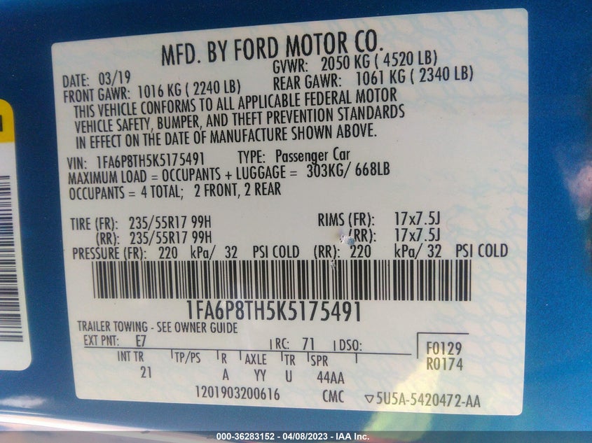 VIN 1FA6P8TH5K5175491 2019 FORD MUSTANG ECOBOOST