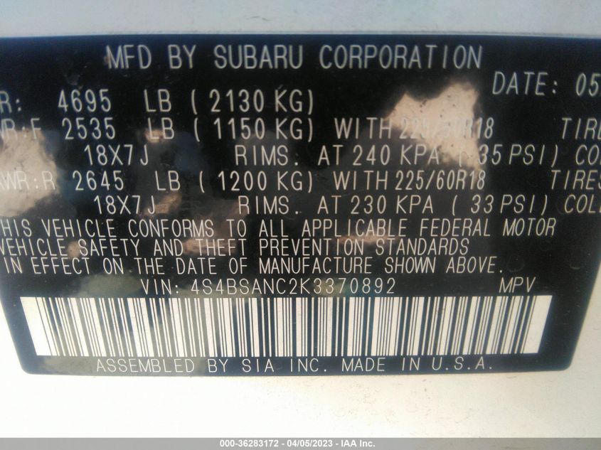 2019 SUBARU OUTBACK LIMITED - 4S4BSANC2K3370892