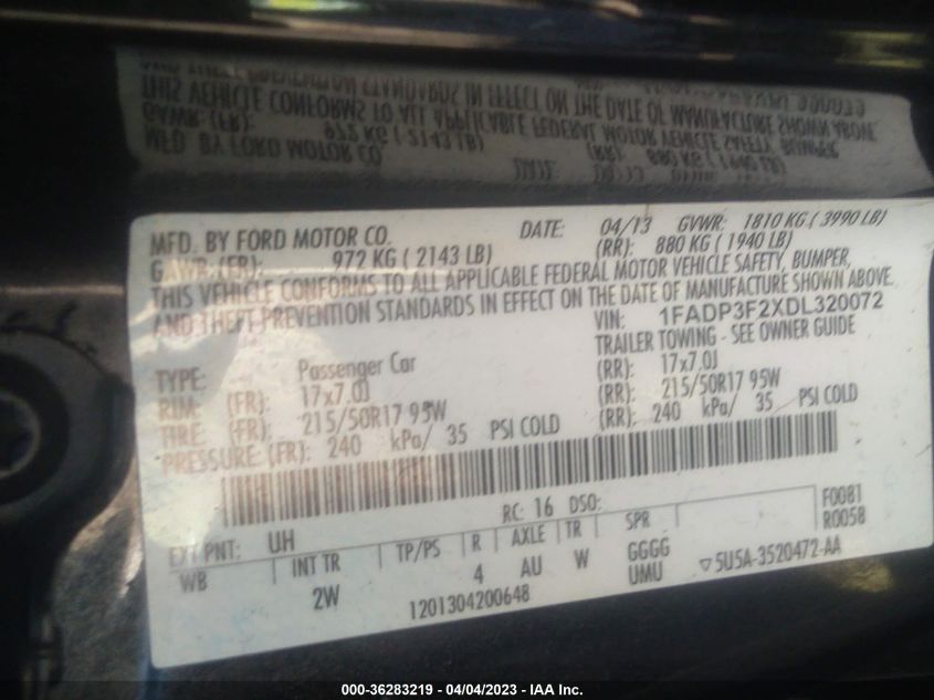 2013 FORD FOCUS SE - 1FADP3F2XDL320072