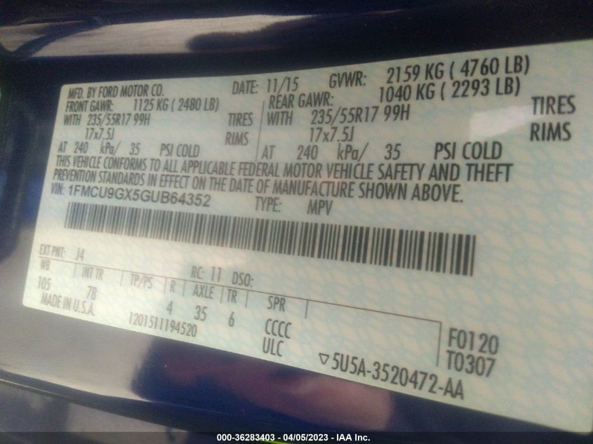 2016 FORD ESCAPE SE - 1FMCU9GX5GUB64352