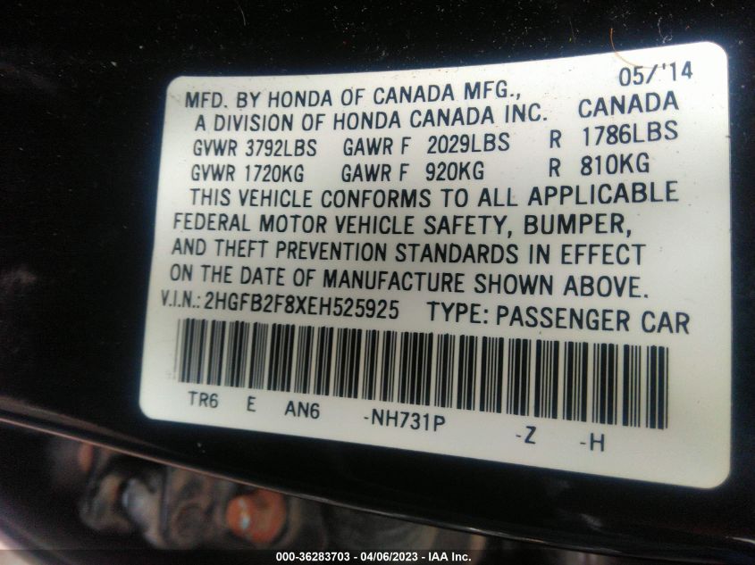 2014 HONDA CIVIC SEDAN EX - 2HGFB2F8XEH525925