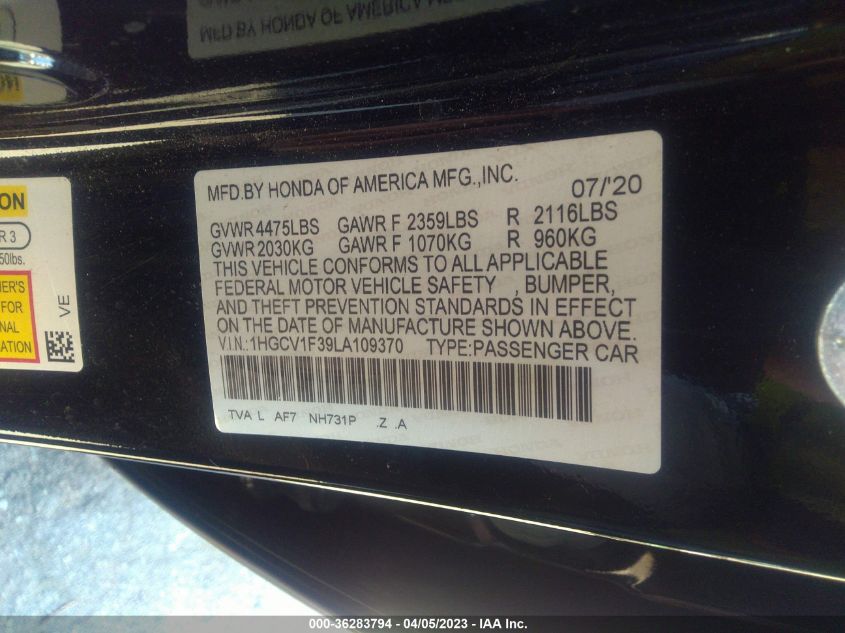 2020 HONDA ACCORD SEDAN SPORT - 1HGCV1F39LA109370