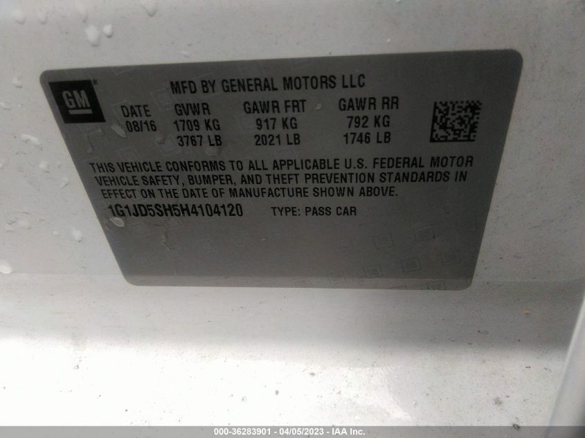 2017 CHEVROLET SONIC LT - 1G1JD5SH5H4104120