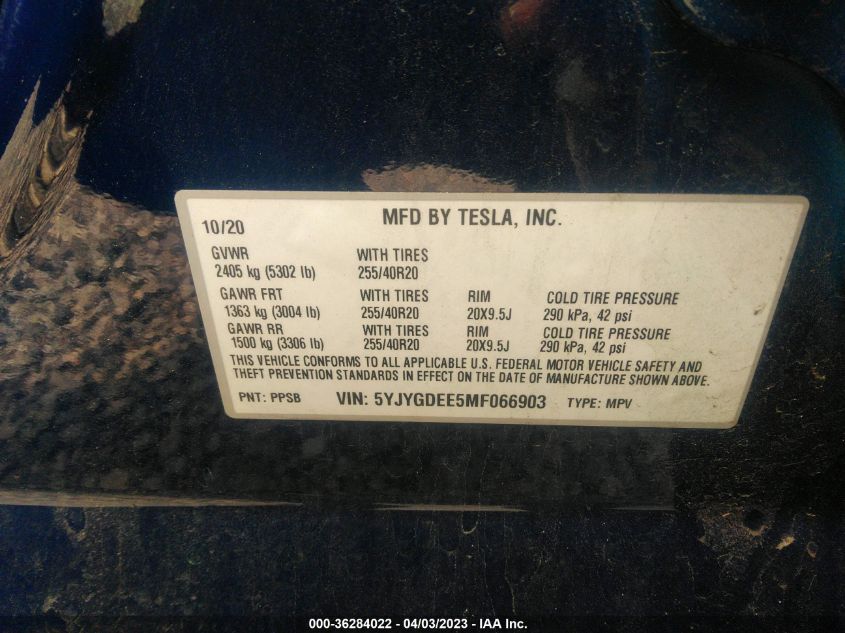 2021 TESLA MODEL Y LONG RANGE - 5YJYGDEE5MF066903