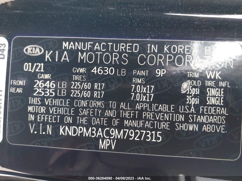 VIN KNDPM3AC9M7927315 2021 KIA SPORTAGE LX