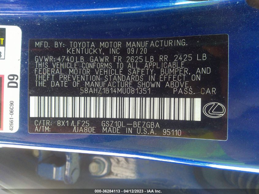 2021 LEXUS ES ES 350 F SPORT - 58AHZ1B14MU081351