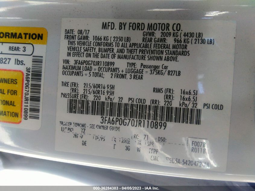 2018 FORD FUSION S - 3FA6P0G70JR110899