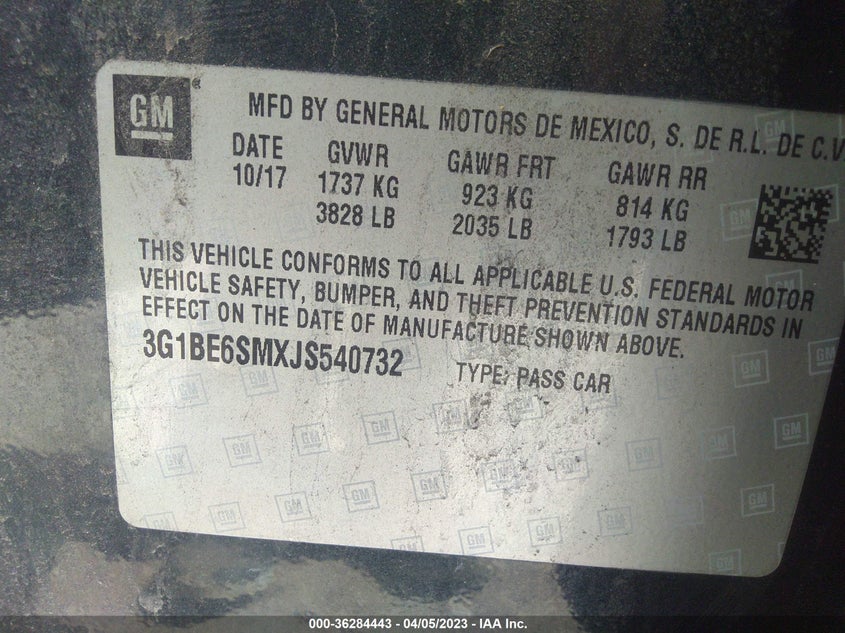 VIN 3G1BE6SMXJS540732 2018 CHEVROLET CRUZE LT