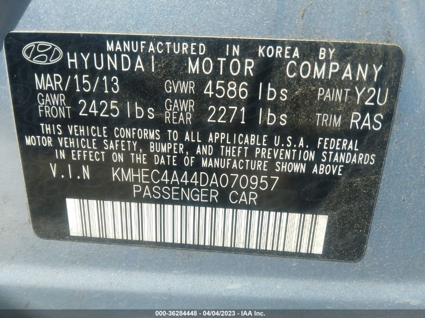 2013 HYUNDAI SONATA HYBRID - KMHEC4A44DA070957