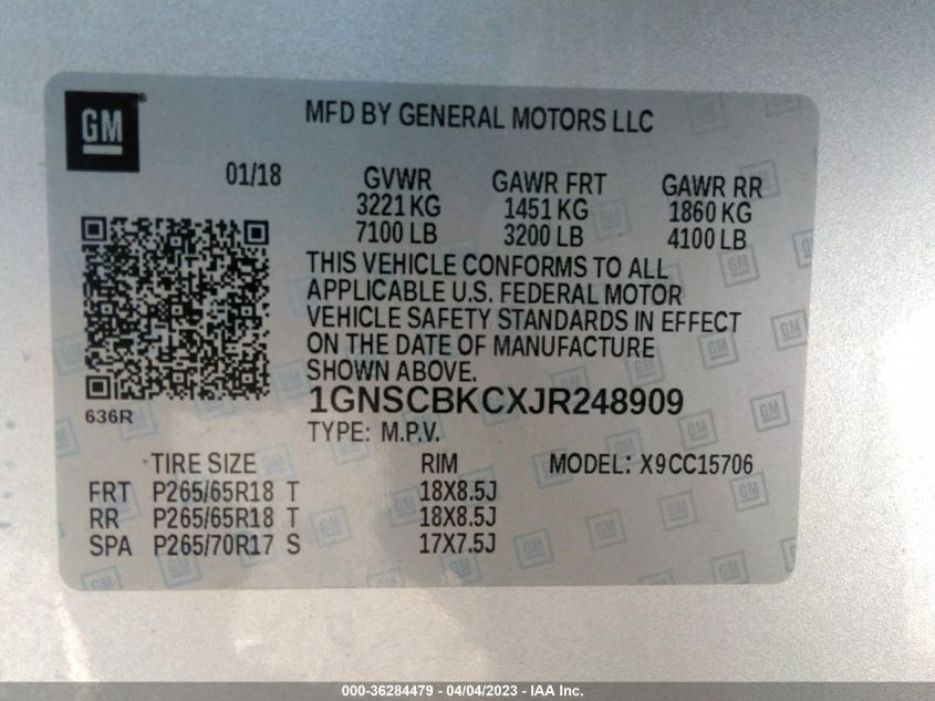 2018 CHEVROLET TAHOE LT - 1GNSCBKCXJR248909