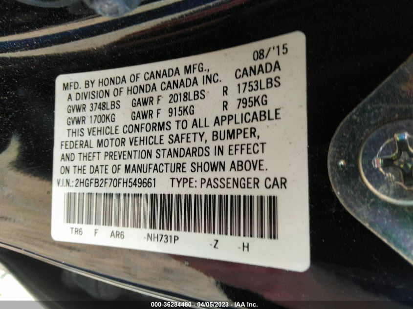 2015 HONDA CIVIC SEDAN SE - 2HGFB2F70FH549661