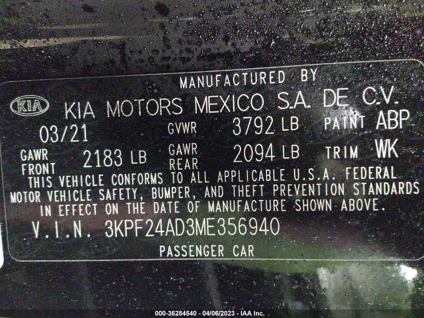 2021 KIA FORTE LXS - 3KPF24AD3ME356940
