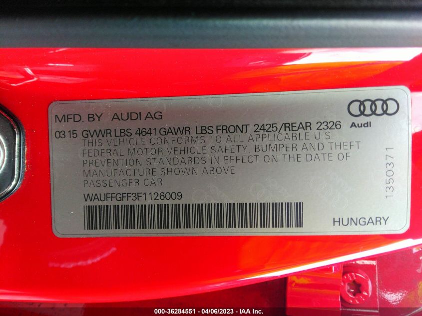 2015 AUDI S3 2.0T PRESTIGE WAUFFGFF3F1126009