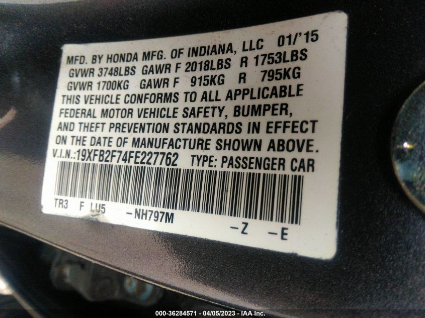 2015 HONDA CIVIC SEDAN SE - 19XFB2F74FE227762
