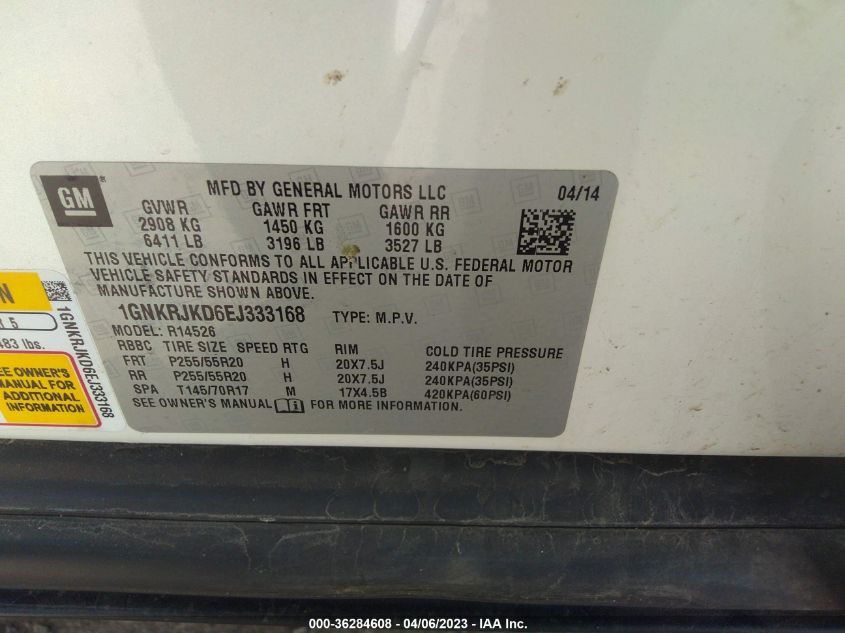 2014 CHEVROLET TRAVERSE LTZ - 1GNKRJKD6EJ333168