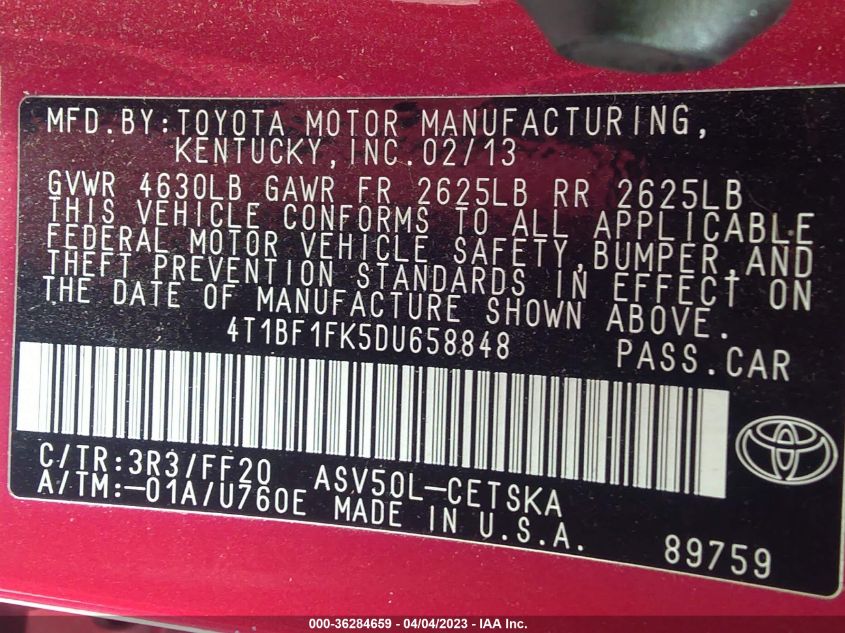 2013 TOYOTA CAMRY L/LE/SE/XLE - 4T1BF1FK5DU658848