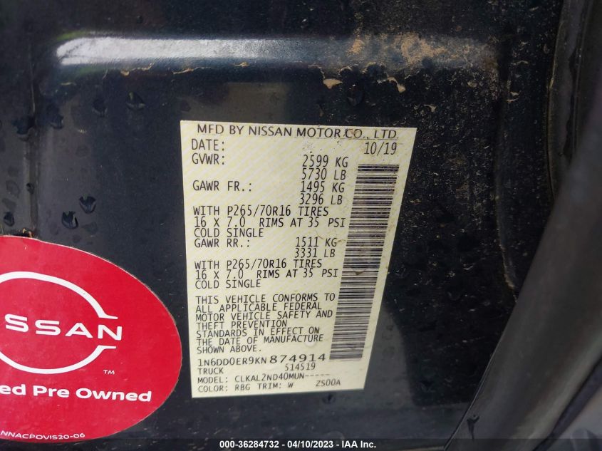2019 NISSAN FRONTIER SV - 1N6DD0ER9KN874914
