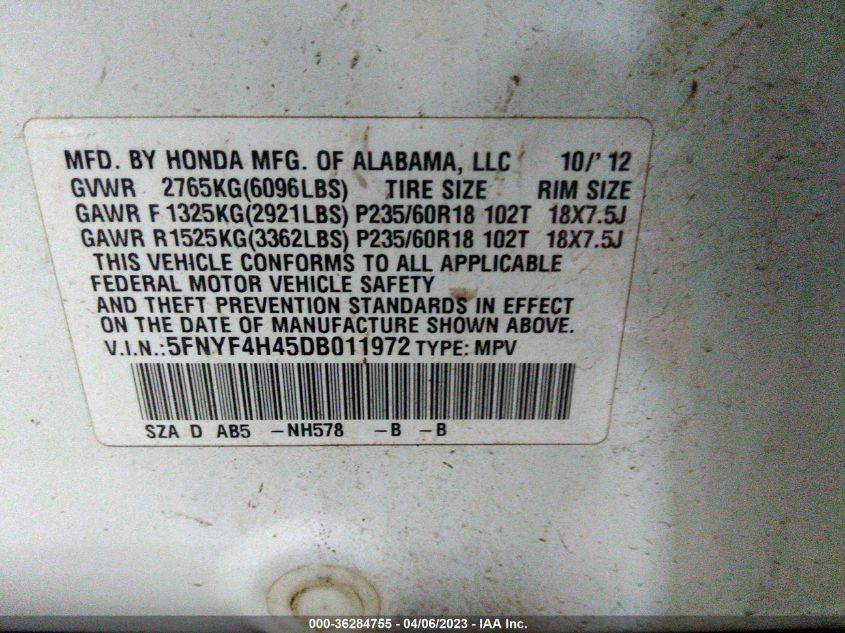 2013 HONDA PILOT EX - 5FNYF4H45DB011972