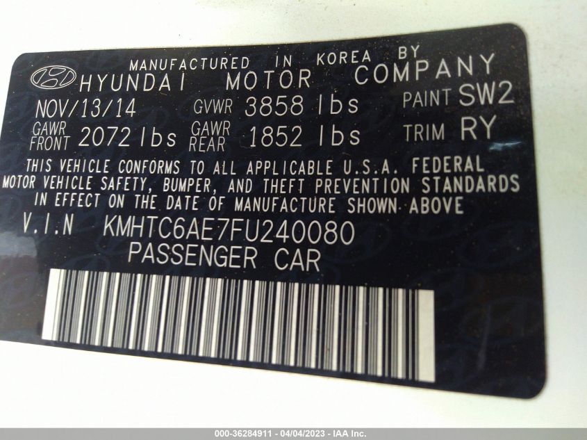 2015 HYUNDAI VELOSTER TURBO - KMHTC6AE7FU240080