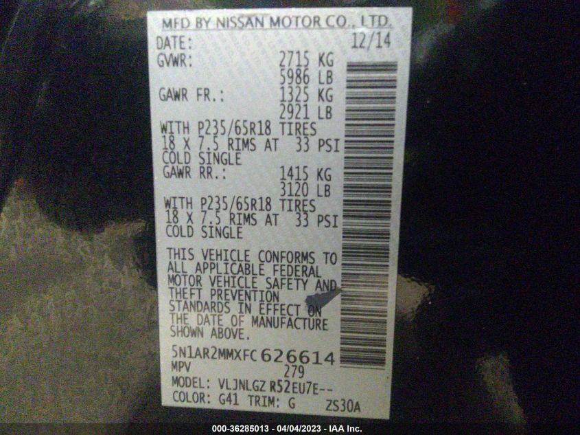 2015 NISSAN PATHFINDER SL - 5N1AR2MMXFC626614