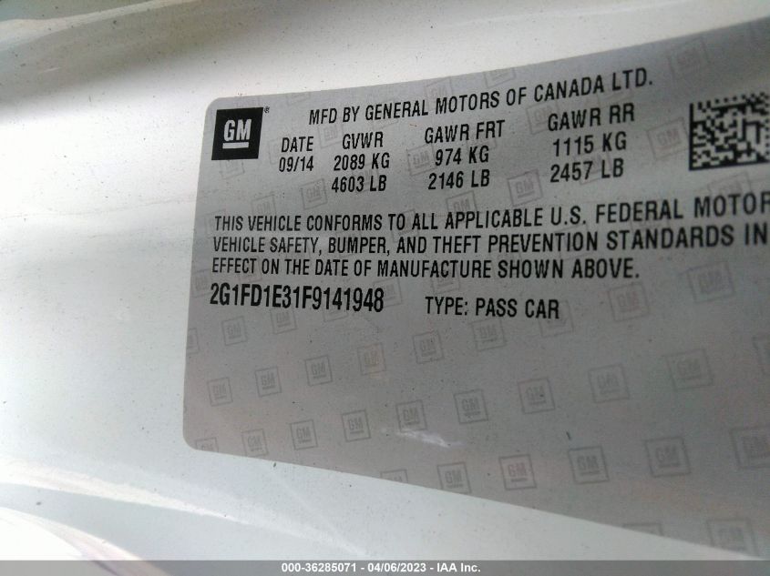 2015 CHEVROLET CAMARO LT - 2G1FD1E31F9141948